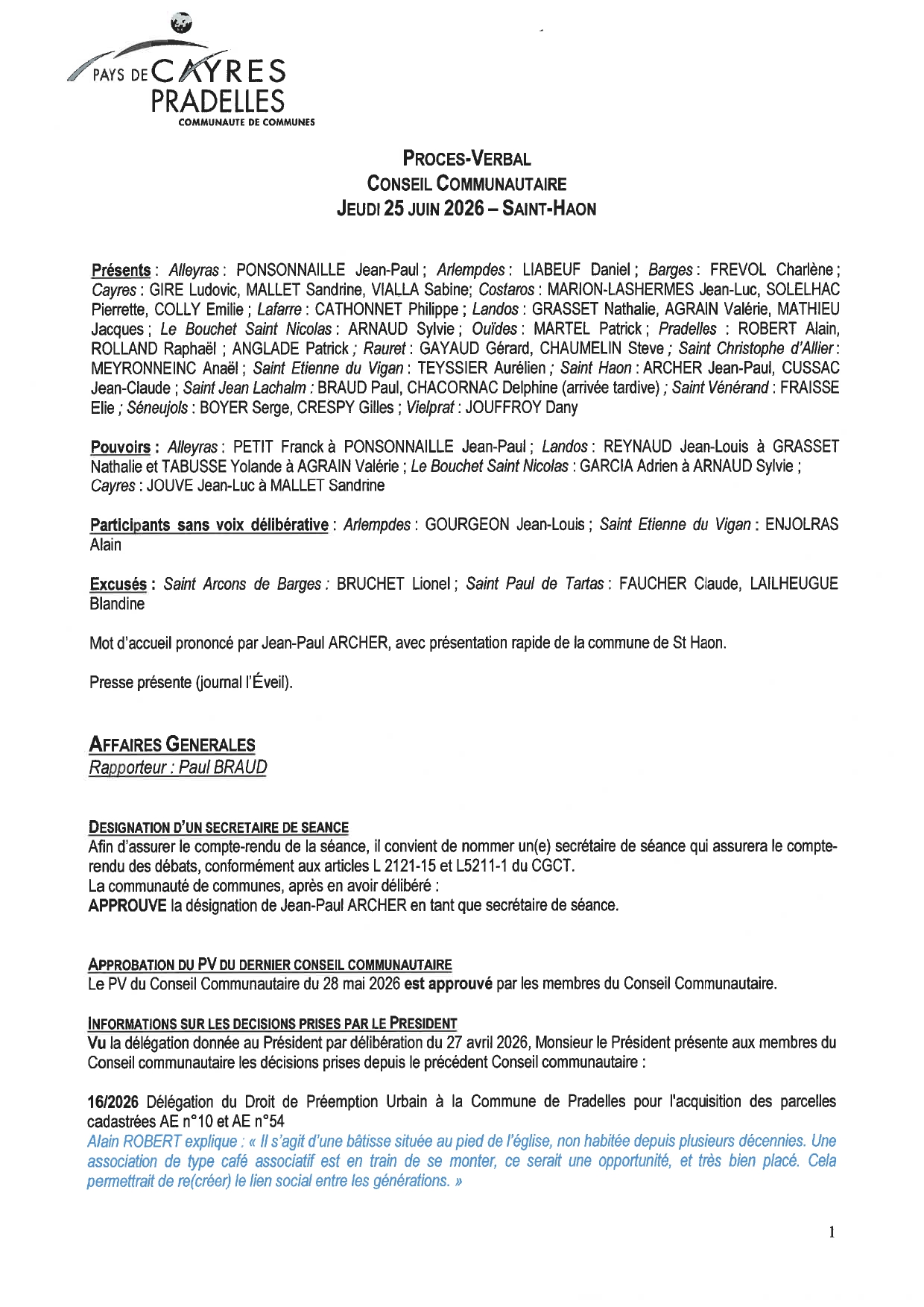 PV du Conseil communautaire du 26 juin 26